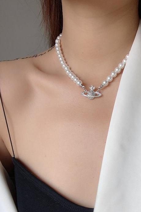 Silvery Fashion Necklace Pearl Necklace Diamond Star Pendant Necklace