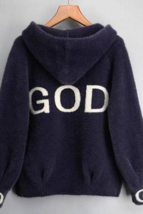 Imitation Mink Hooded Short Sweater Coat Women&amp;amp;#039;s Loose Thick Imitation Mink Wool Lantern Sleeve Cardigan-6#