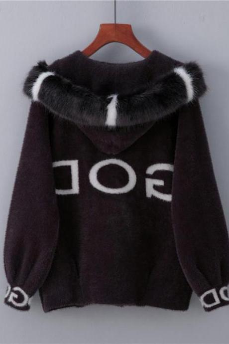 Imitation Mink Hooded Short Sweater Coat Women&amp;amp;#039;s Loose Thick Imitation Mink Wool Lantern Sleeve Cardigan-11#