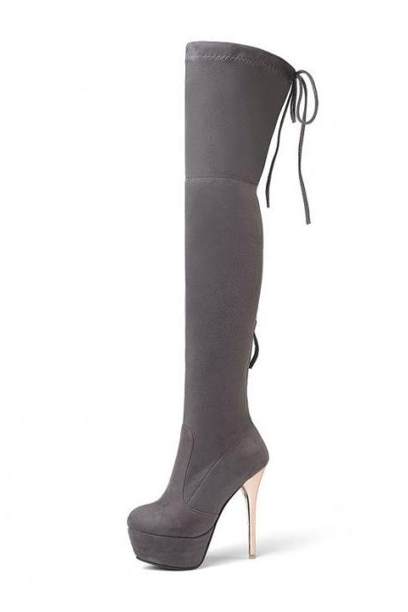 Autumn and winter lace up Knee Boots Black Slim Elastic Boots Super High Heel Waterproof Platform High Boots-Dark Gray