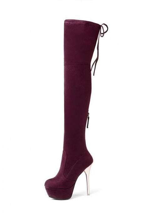Autumn and winter lace up Knee Boots Black Slim Elastic Boots Super High Heel Waterproof Platform High Boots-Wine Red