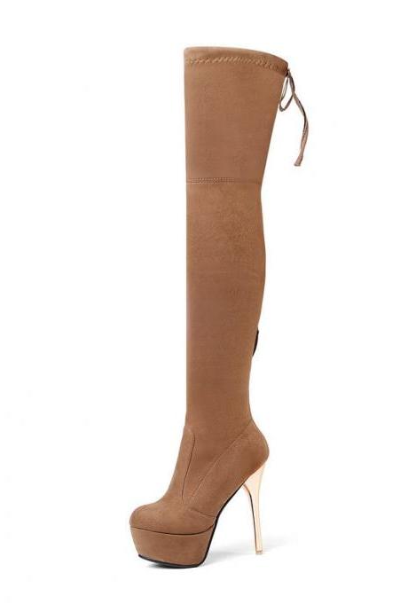 Autumn and winter lace up Knee Boots Black Slim Elastic Boots Super High Heel Waterproof Platform High Boots-Camel
