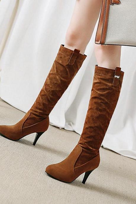 Brown Autumn And Winter Suede High Heel Pointed Knee High Boots