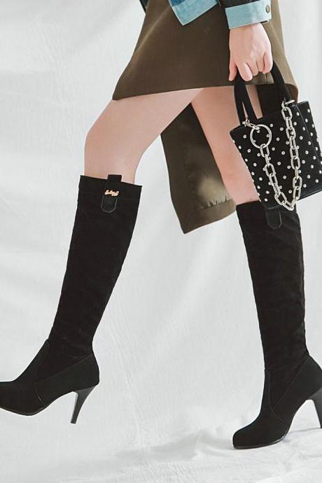 Black Autumn And Winter Suede High Heel Pointed Knee High Boots