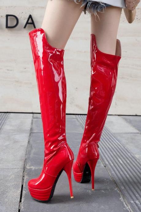 Red Patent Leather High-heeled Boots And Steel Pipe Dance Party Boots