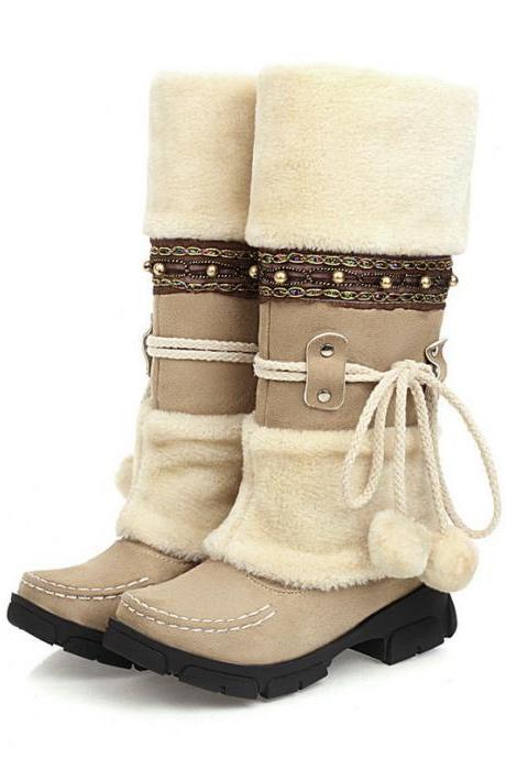 Beige Winter Middle Heel Cotton Boots Wool Ball High Tube Warm Boots Knight Snow Boots
