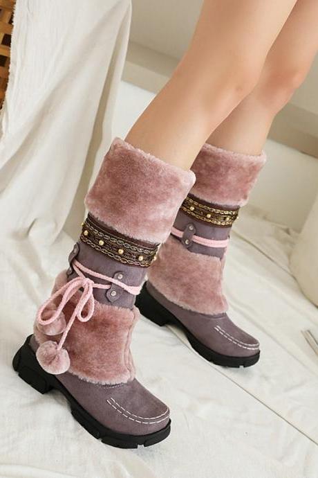 Purple Winter Middle Heel Cotton Boots Wool Ball High Tube Warm Boots Knight Snow Boots