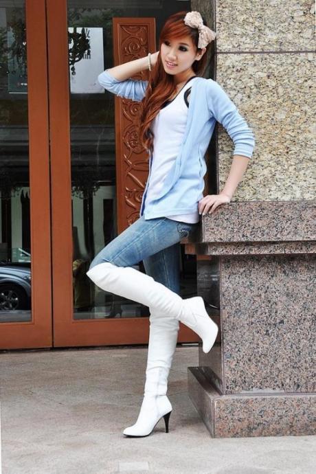 White Suede Side Zip Stiletto High Heel Knee Long Knight Boots