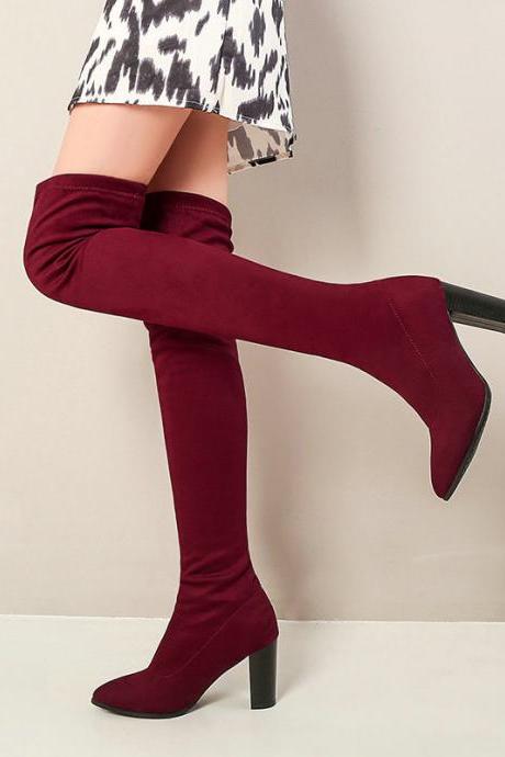 Wine Red Autumn And Winter Thick Heel Fashion Elastic Knee High Boots