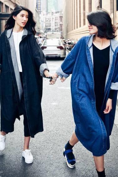 Spring And Autumn Bf Style Casual Loose Knee Coat Hooded Denim Windbreaker Coat