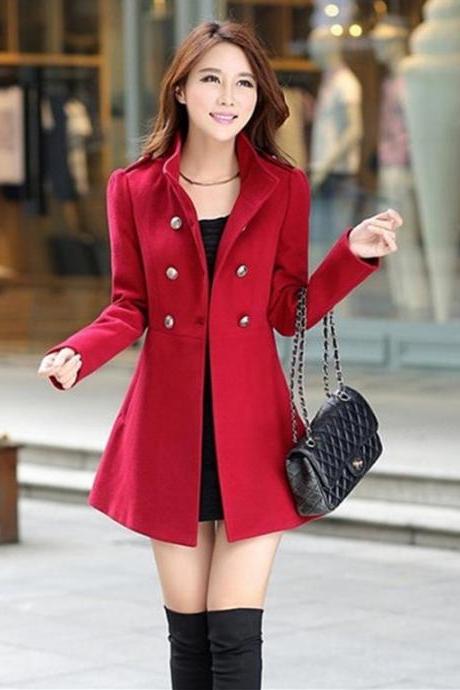 Red Autumn And Winter Woolen Windbreaker Medium Length Coat