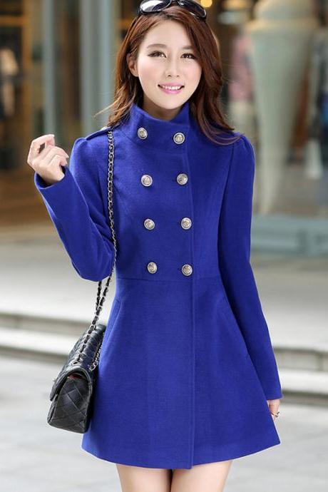 Blue Autumn And Winter Woolen Windbreaker Medium Length Coat