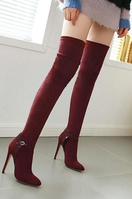 Wine Red Autumn And Winter Pointed Ultra-fine High Heel Elastic Velvet Knee High Boots