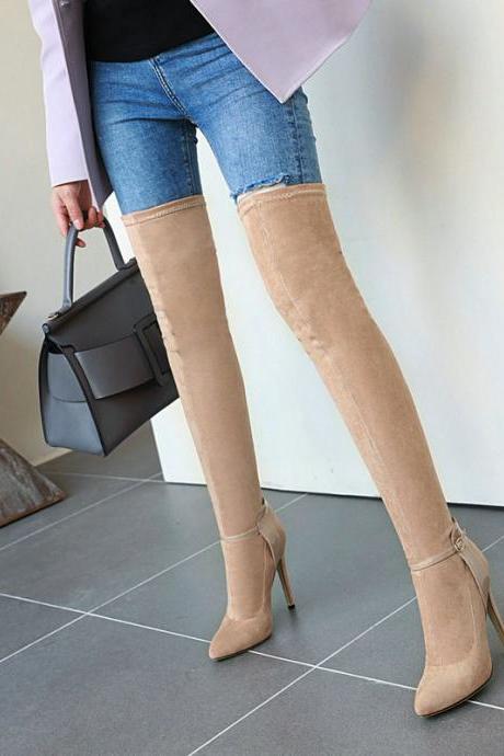 Beige Autumn And Winter Pointed Ultra-fine High Heel Elastic Velvet Knee High Boots