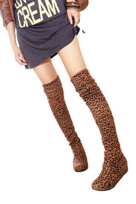Yellow Leopard Knee High Elastic Flat Bottomed Suede Boots