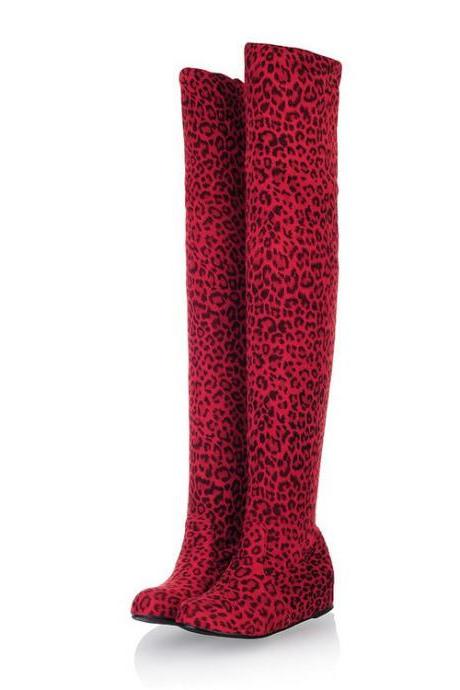 Red Leopard Knee High Elastic Flat Bottomed Suede Boots