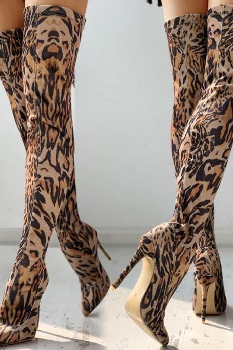 Fashion Leopard Print High Tube Thin High-heeled Knee Boots