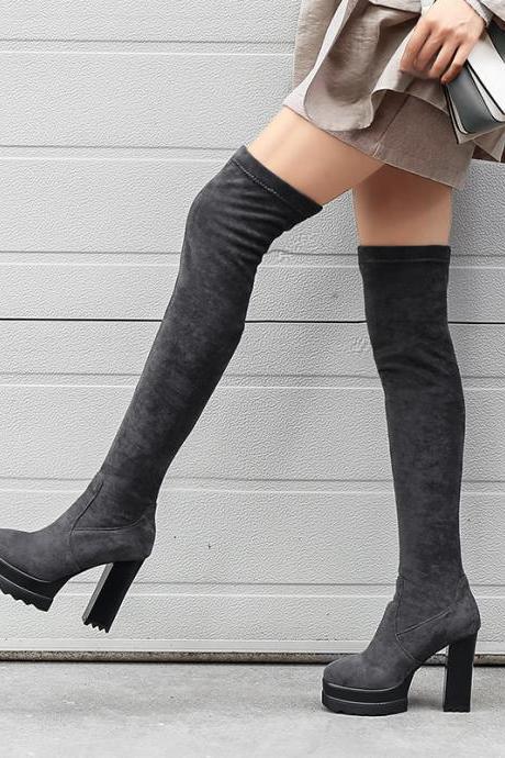 Gray Winter Fashion Thick Heel Thick Sole Super High Heel Knee High Boots