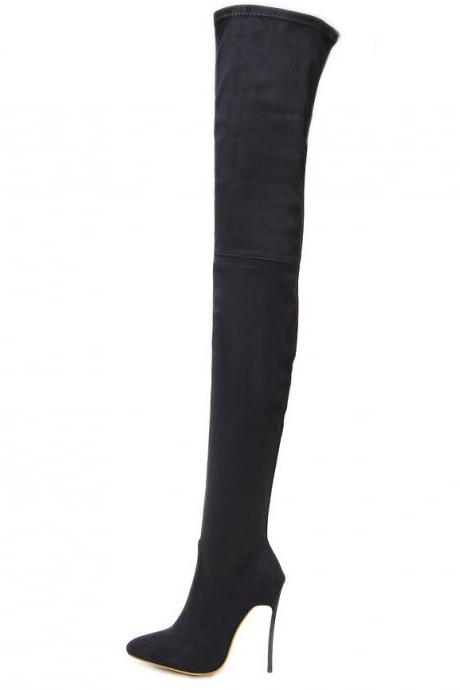 Black Thin High Heel Pointed Suede Long Tube Knee High Women's Boots