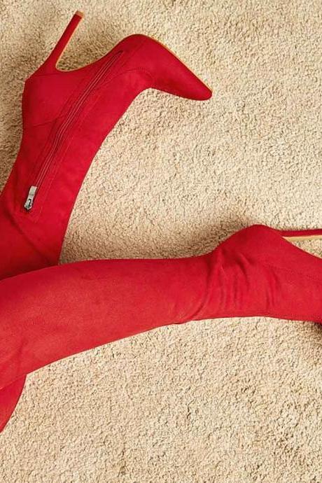 Red Long Elastic High Heels Knee High Boots Fashion Elastic Women's Boots