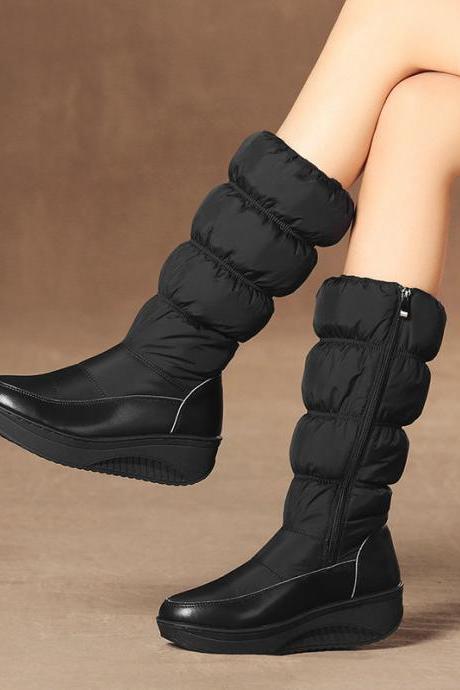 Black Autumn And Winter Muffin Bottomed Middle Tube Snow Boots