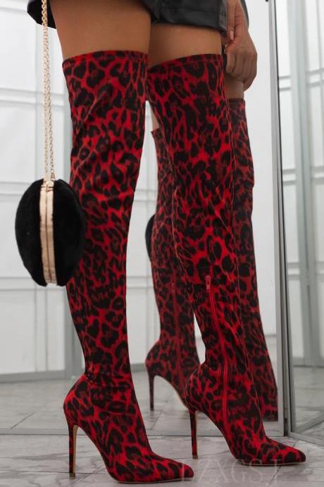 Leopard Red Knee High Heel Side Zipper Women's Boots