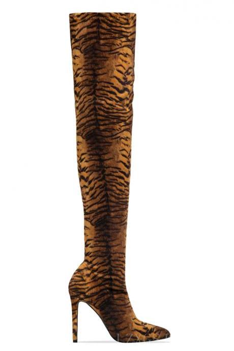 Leopard Black Knee High Heel Side Zipper Women&amp;amp;#039;s Boots
