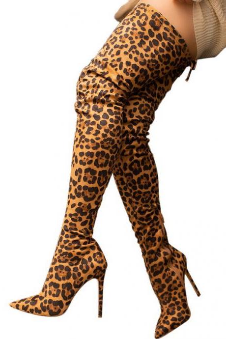 Leopard Yellow Knee High Heel Side Zipper Women's Boots