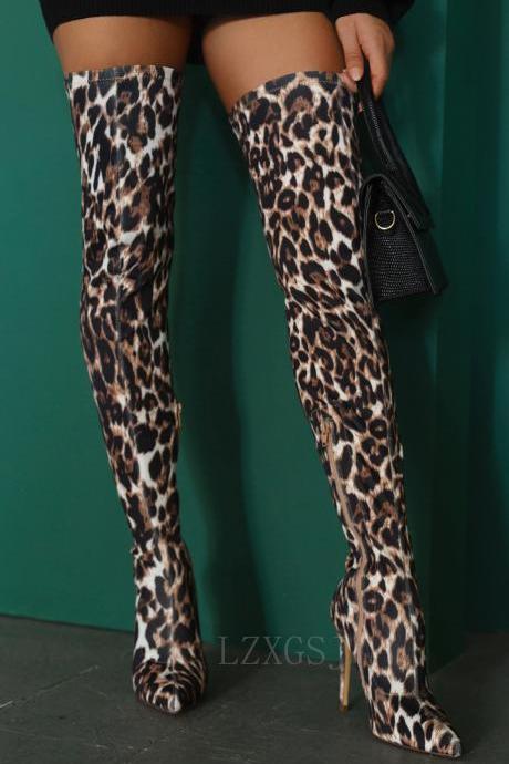Leopard Knee High Heel Side Zipper Women&amp;amp;#039;s Boots