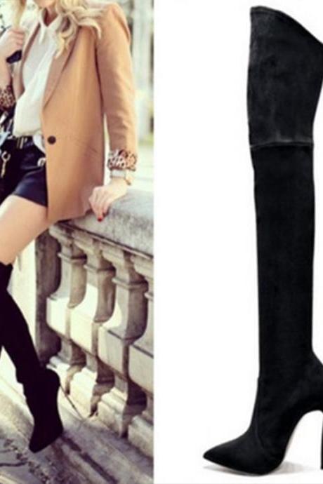 Black Autumn And Winter Boots Elastic Knee High Pointed Heel Women&amp;amp;#039;s Boots