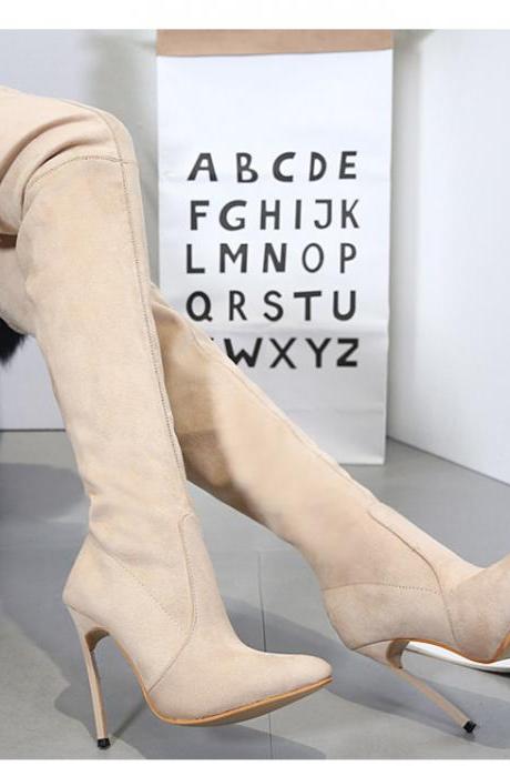 Beige Autumn And Winter Boots Elastic Knee High Pointed Heel Women's Boots
