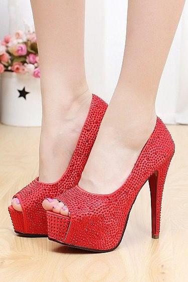 Crystal Wedding Shoes High Heel Waterproof Platform Rhinestone Banquet Shoes Red(11cm)