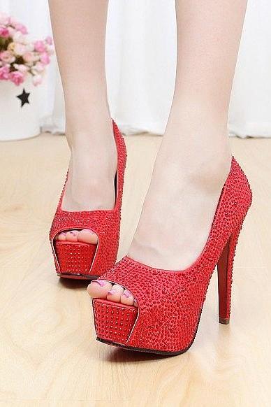Crystal Wedding Shoes High Heel Waterproof Platform Rhinestone Banquet Shoes Red(14cm)