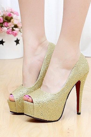 Crystal Wedding Shoes High Heel Waterproof Platform Rhinestone Banquet Shoes Golden(11cm)