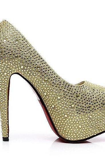 Crystal Wedding Shoes High Heel Waterproof Platform Rhinestone Banquet Shoes Golden(14cm)