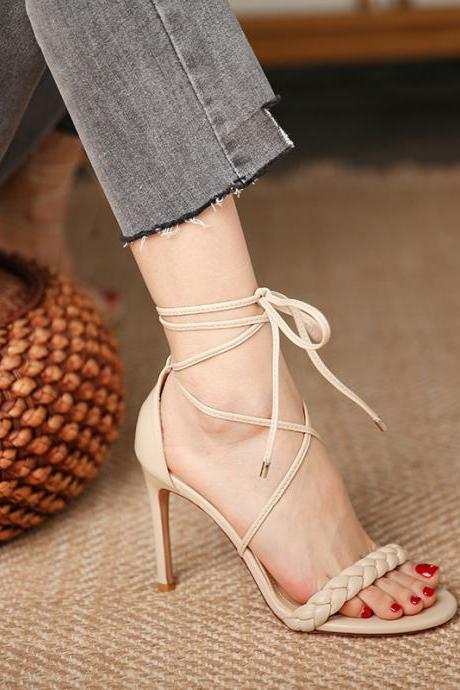 Apricot Woven Twist Bandage High-Heeled Sandals