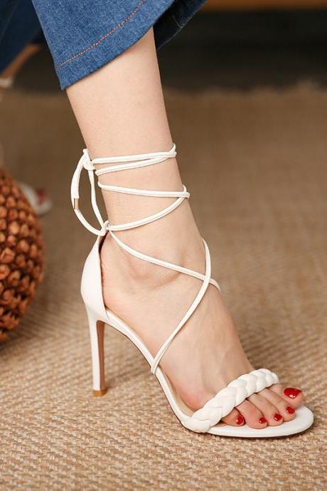 White Woven Twist Bandage High-heeled Sandals
