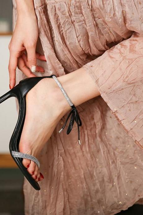 Black Rhinestone Open Toe High Heels Bow Women's Shoes