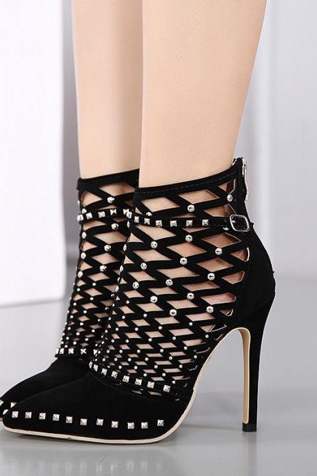 Hollow riveted high-heeled Suede Sandals