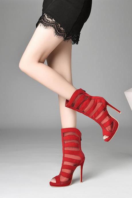 Red Solid Color Hollow Lace Mouth High-Heeled Sandals