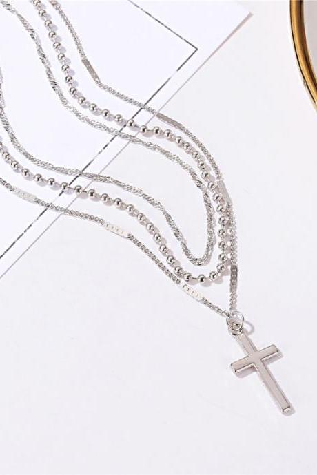 Silvery Simple Multi-layer Cross Three-layer Clavicle Chain