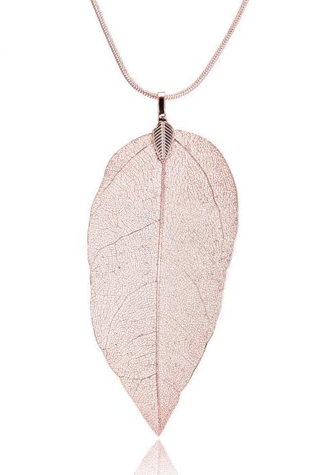 Rose Golden Leaf specimen Long Necklace leaf sweater chain