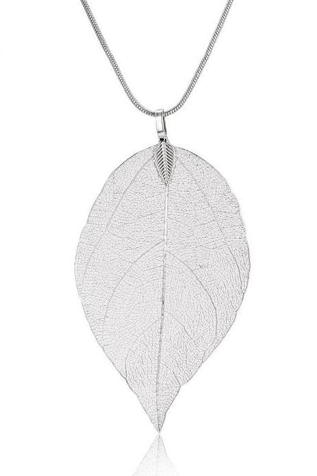Silvery Leaf specimen Long Necklace leaf sweater chain