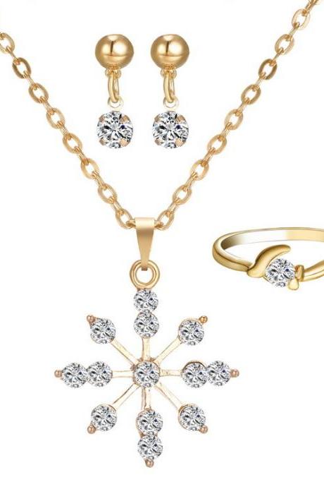 Imitation Gold Diamond Jewelry Set Earrings Ring Sun Necklace Three Piece Set