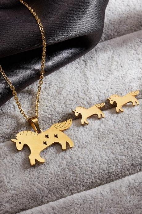 Pony Stainless Steel Necklace Earrings Set sweater chain