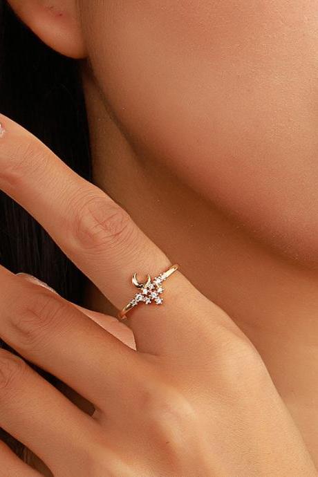 Zircon Star Moon Ring Creative Simple Diamond Inlaid Opening Adjustable Ring Two Piece Set