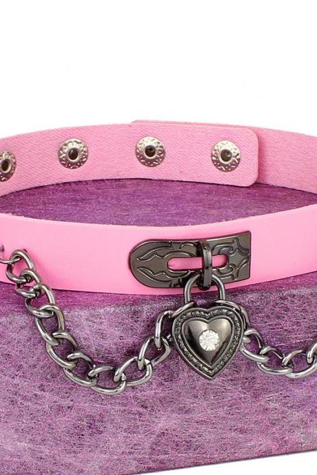 Pink Punk Harajuku heart-shaped leather lock collar neck band