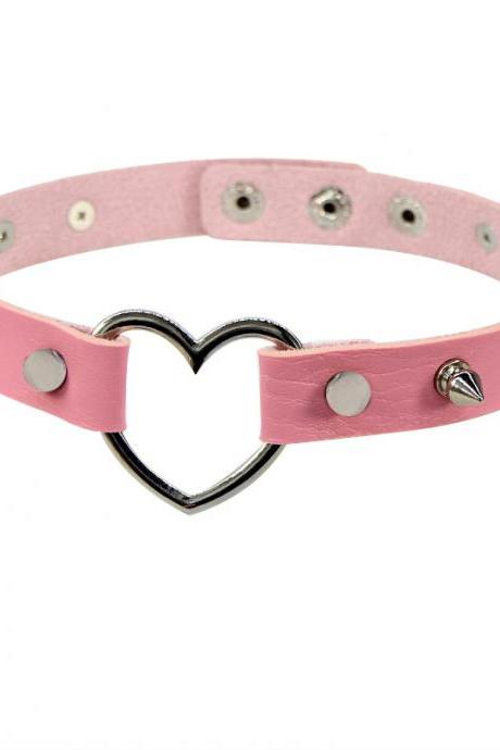 Pink Pointed rivet leather collar peach heart love collar