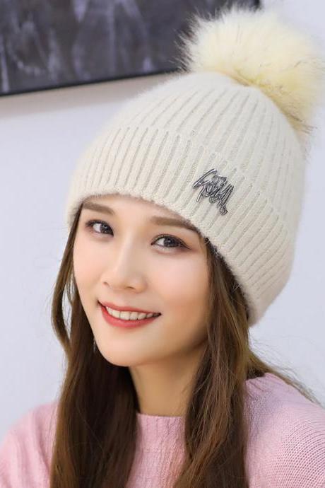 Beige Autumn And Winter Plush Ear Protection Knitted Hat