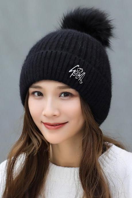 Black Autumn And Winter Plush Ear Protection Knitted Hat
